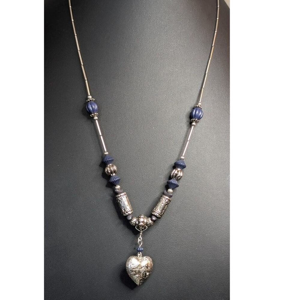 Etched Silver Tone Puffed Heart Dangle Pendant Blue Bead Bugle Bead 24" Necklace